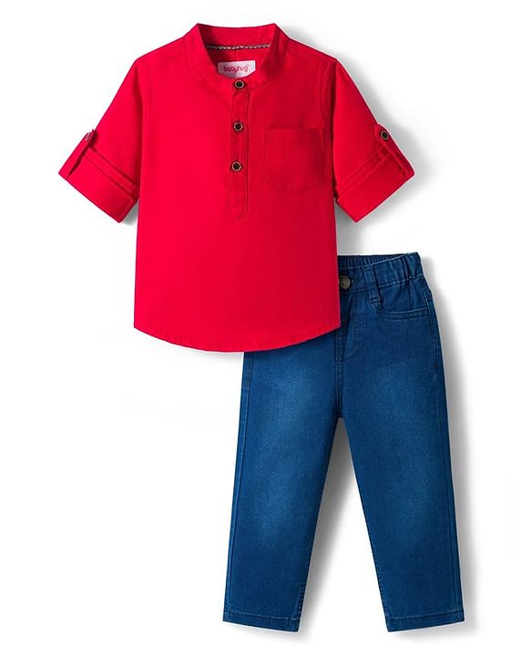 Babyhug Cotton Woven Full Sleeves Solid Color Shirt & Jeans Set - Red & Blue