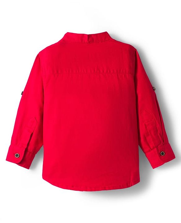 Babyhug Cotton Woven Full Sleeves Solid Color Shirt & Jeans Set - Red & Blue