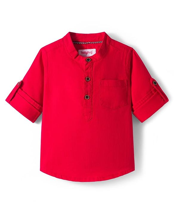 Babyhug Cotton Woven Full Sleeves Solid Color Shirt & Jeans Set - Red & Blue