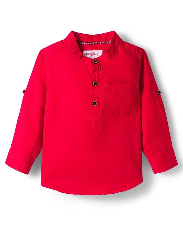 Babyhug Cotton Woven Full Sleeves Solid Color Shirt & Jeans Set - Red & Blue
