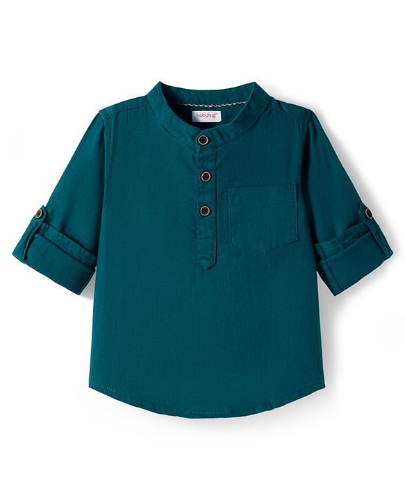 Babyhug Cotton Woven Full Sleeves Solid Color Mandarin Collar Shirt and Denim Jeans Set - Teal Blue & Black