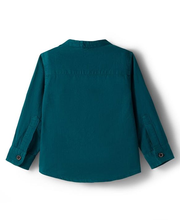Babyhug Cotton Woven Full Sleeves Solid Color Mandarin Collar Shirt and Denim Jeans Set - Teal Blue & Black