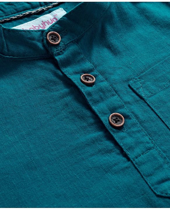 Babyhug Cotton Woven Full Sleeves Solid Color Mandarin Collar Shirt and Denim Jeans Set - Teal Blue & Black