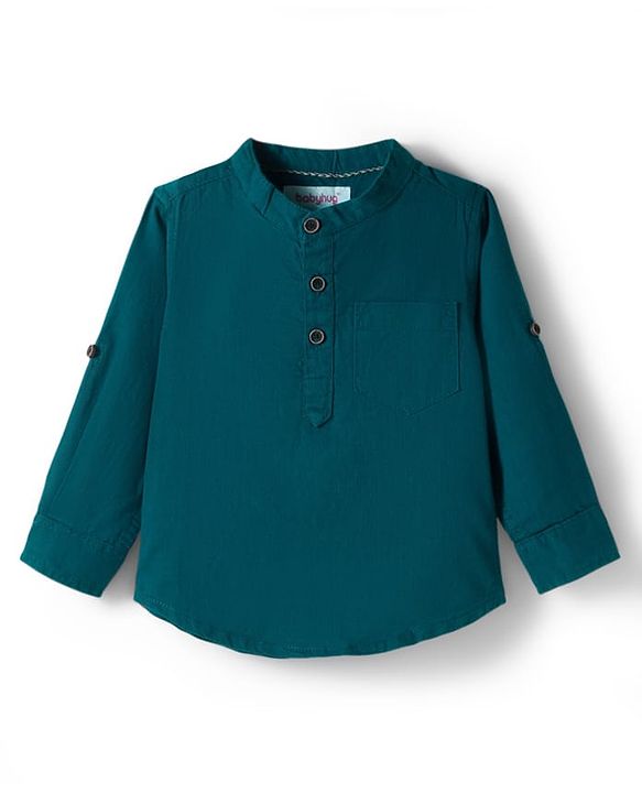 Babyhug Cotton Woven Full Sleeves Solid Color Mandarin Collar Shirt and Denim Jeans Set - Teal Blue & Black