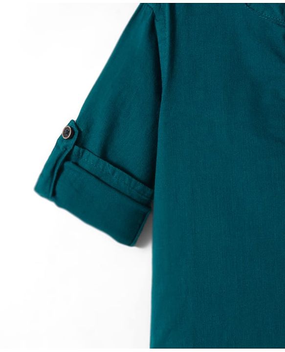 Babyhug Cotton Woven Full Sleeves Solid Color Mandarin Collar Shirt and Denim Jeans Set - Teal Blue & Black