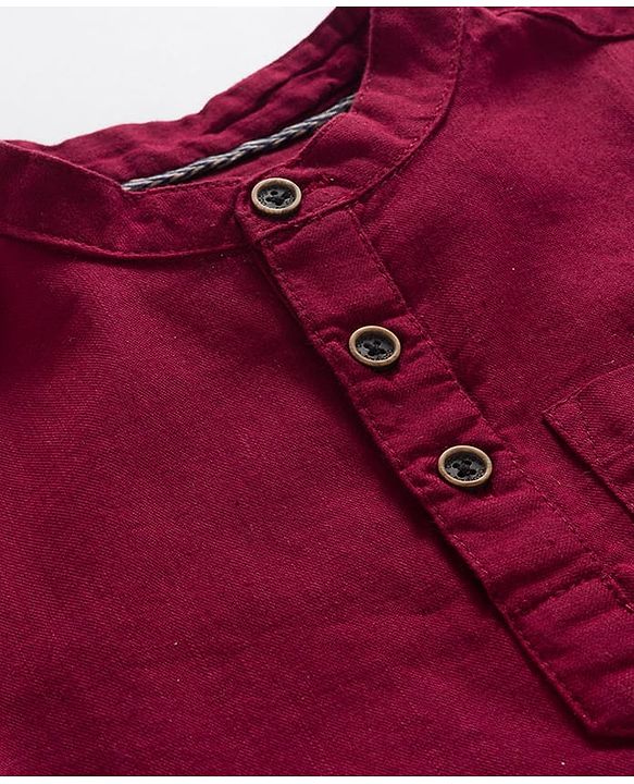 Babyhug Cotton Woven Full Sleeves Solid Color Shirt & Pant Set - Maroon & Beige