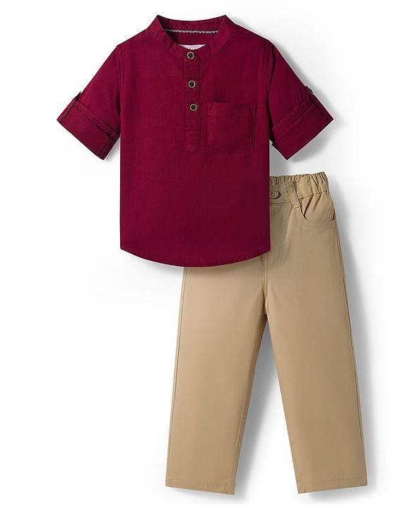 Babyhug Cotton Woven Full Sleeves Solid Color Shirt & Pant Set - Maroon & Beige