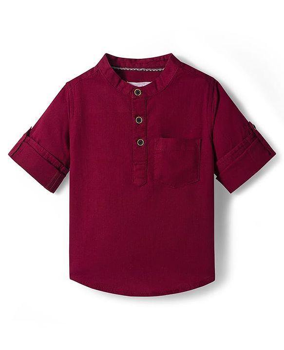 Babyhug Cotton Woven Full Sleeves Solid Color Shirt & Pant Set - Maroon & Beige