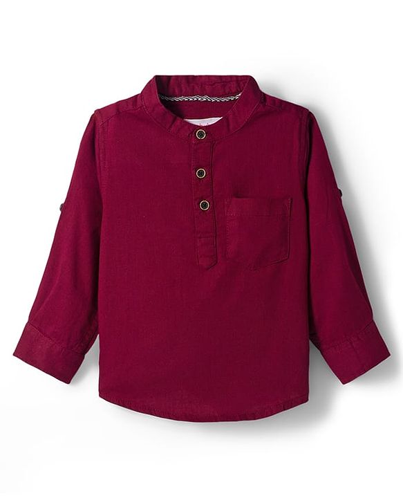 Babyhug Cotton Woven Full Sleeves Solid Color Shirt & Pant Set - Maroon & Beige