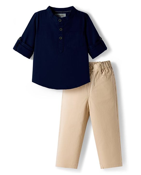 Babyhug Cotton Woven Full Sleeves Solid Colour Shirt & Pant Set - Navy Blue
