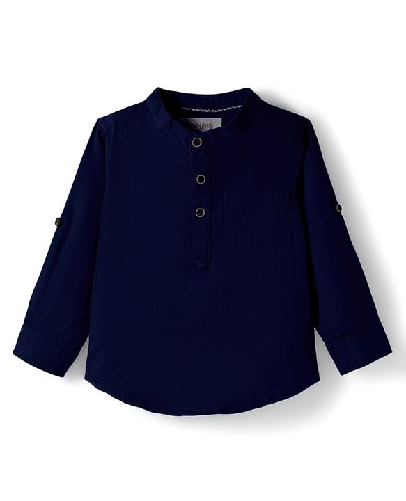 Babyhug Cotton Woven Full Sleeves Solid Colour Shirt & Pant Set - Navy Blue