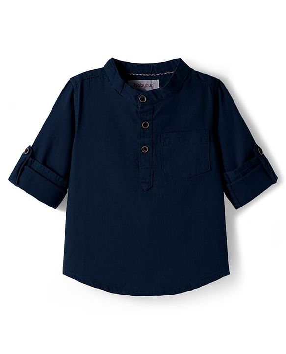 Babyhug Cotton Woven Full Sleeves Solid Colour Shirt & Pant Set - Navy Blue