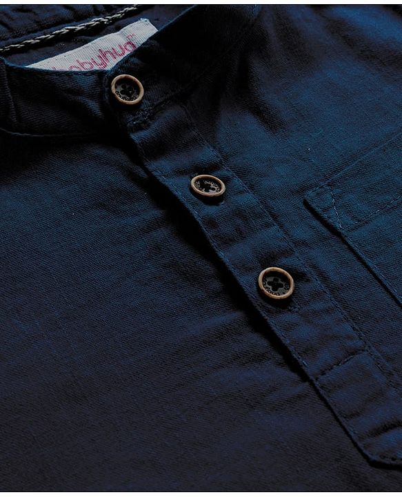 Babyhug Cotton Woven Full Sleeves Solid Colour Shirt & Pant Set - Navy Blue