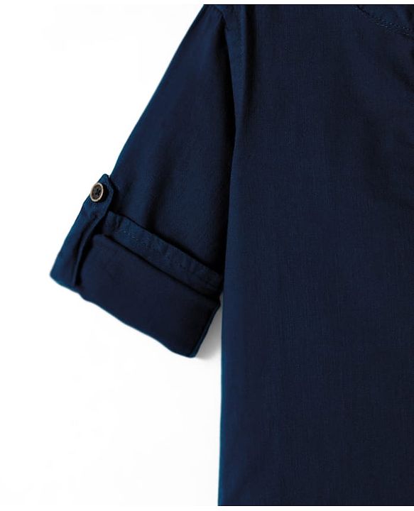 Babyhug Cotton Woven Full Sleeves Solid Colour Shirt & Pant Set - Navy Blue