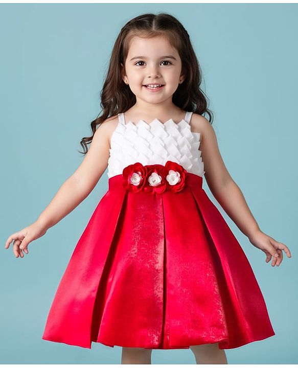 Babyhug Satin Woven Sleeveless Fit and Flare Pleated Dress With Floral Corsage - Red & White