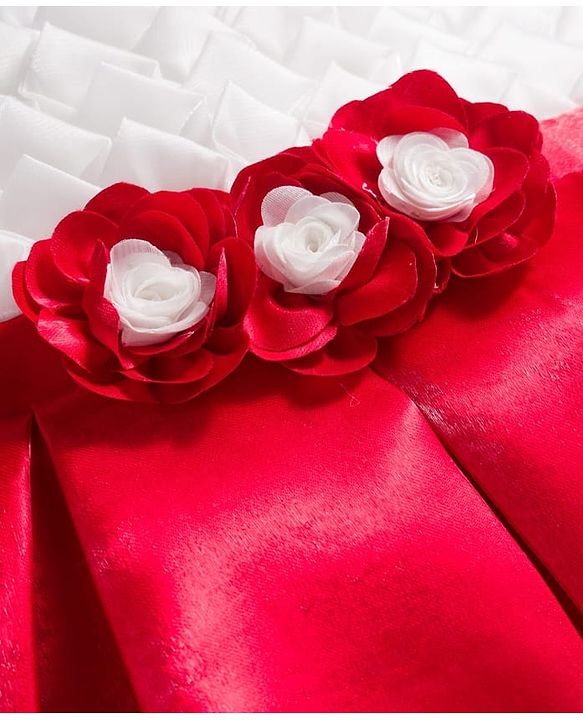 Babyhug Satin Woven Sleeveless Fit and Flare Pleated Dress With Floral Corsage - Red & White