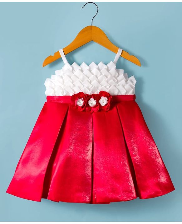 Babyhug Satin Woven Sleeveless Fit and Flare Pleated Dress With Floral Corsage - Red & White