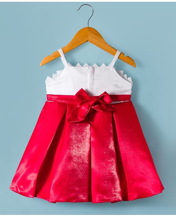 Babyhug Satin Woven Sleeveless Fit and Flare Pleated Dress With Floral Corsage - Red & White
