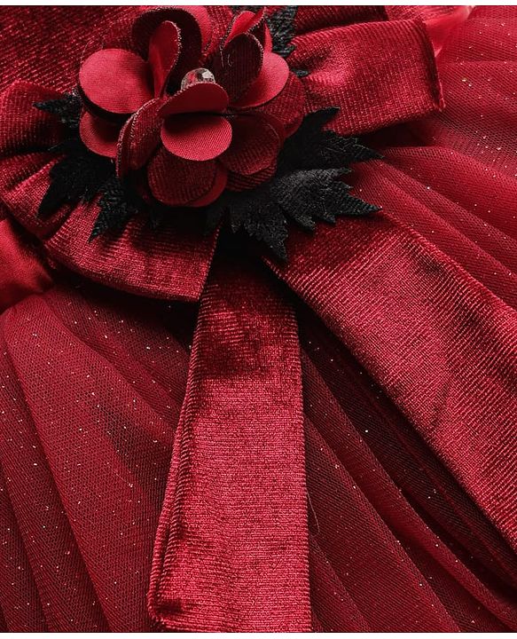 Babyhug Velour Woven Half Sleeves Flared & Layered Partywear Dress With Floral Applique - Maroon