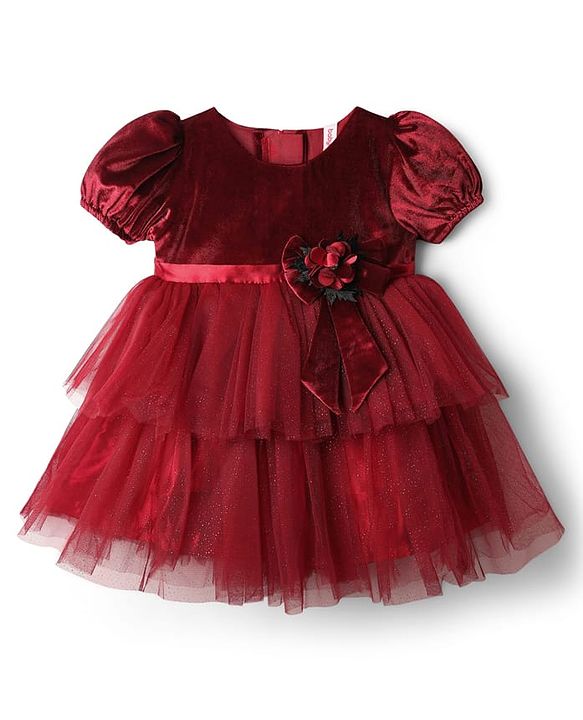 Babyhug Velour Woven Half Sleeves Flared & Layered Partywear Dress With Floral Applique - Maroon