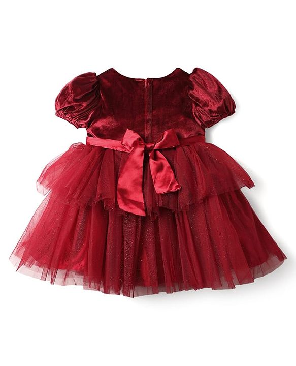 Babyhug Velour Woven Half Sleeves Flared & Layered Partywear Dress With Floral Applique - Maroon