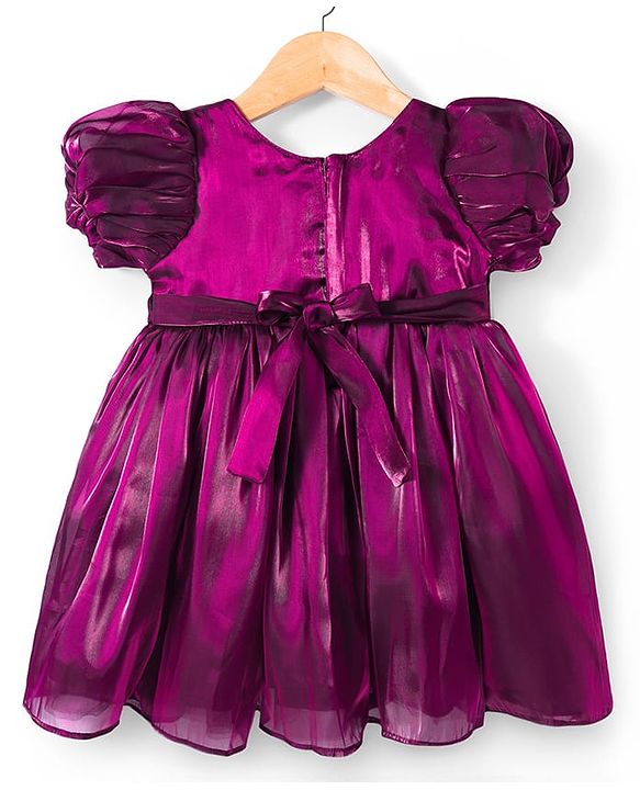 Babyhug Woven Half Puffed Sleeves Party Dress With Floral Corsage - Wine