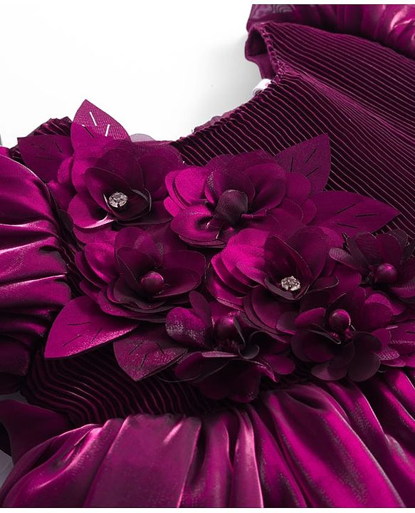 Babyhug Woven Half Puffed Sleeves Party Dress With Floral Corsage - Wine