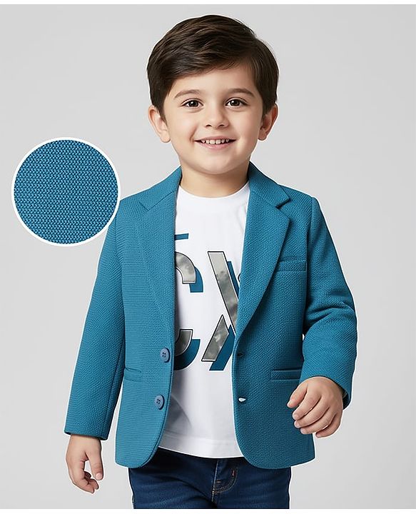 Babyhug Knit Full Sleeves Solid Blazer With Printed Tee - Teal Blue