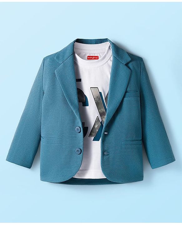 Babyhug Knit Full Sleeves Solid Blazer With Printed Tee - Teal Blue