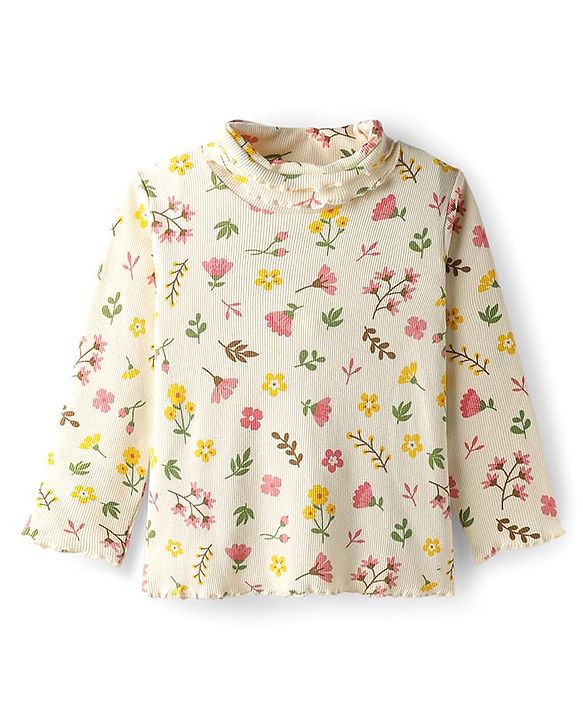 Babyhug Cotton Elastane Knit Full Sleeves Turtle Neck Winter T-Shirt with Floral Print - Offwhite