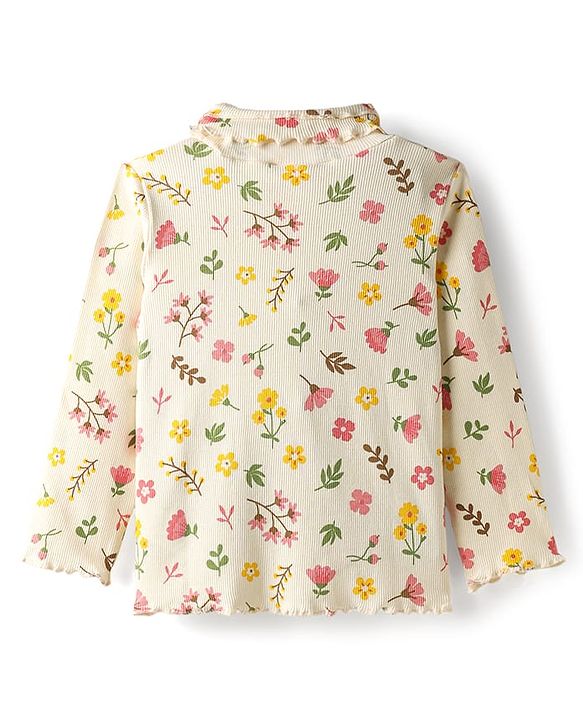Babyhug Cotton Elastane Knit Full Sleeves Turtle Neck Winter T-Shirt with Floral Print - Offwhite