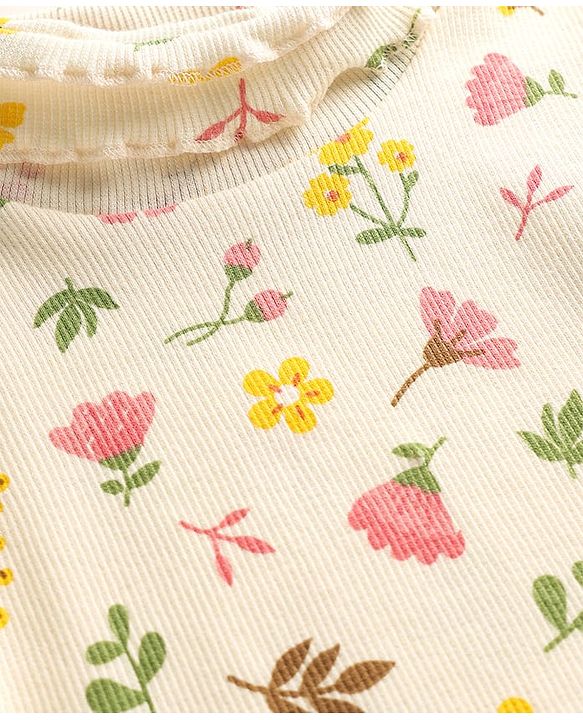 Babyhug Cotton Elastane Knit Full Sleeves Turtle Neck Winter T-Shirt with Floral Print - Offwhite