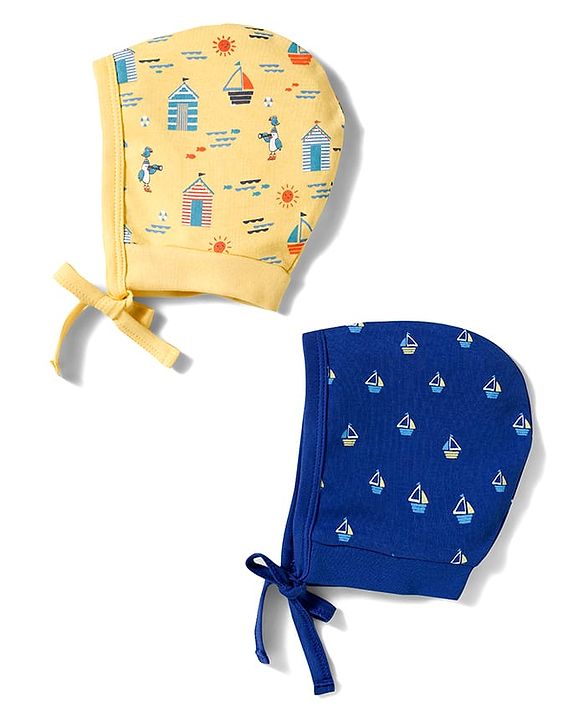 Babyhug 100% Cotton Knit Bonnet Cap with Boat Print Pack of 2 Yellow & Navy Blue - 9.5 cm Diameter