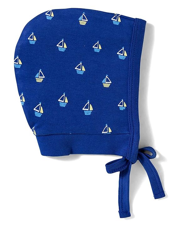 Babyhug 100% Cotton Knit Bonnet Cap with Boat Print Pack of 2 Yellow & Navy Blue - 9.5 cm Diameter