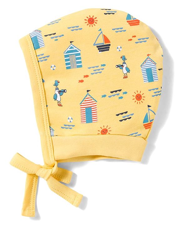 Babyhug 100% Cotton Knit Bonnet Cap with Boat Print Pack of 2 Yellow & Navy Blue - 9.5 cm Diameter