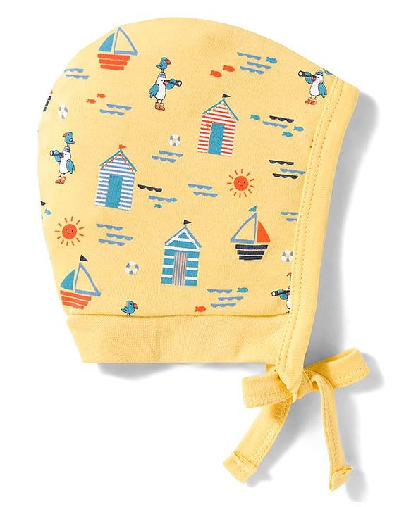 Babyhug 100% Cotton Knit Bonnet Cap with Boat Print Pack of 2 Yellow & Navy Blue - 9.5 cm Diameter