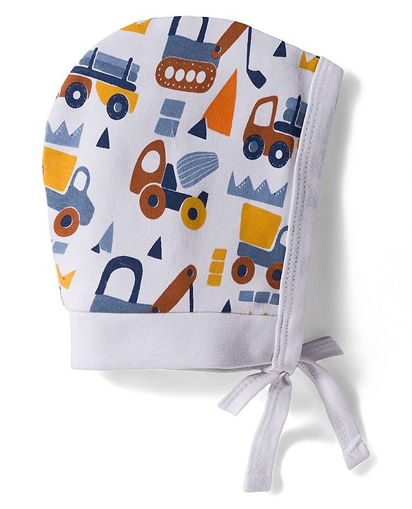 Babyhug 100% Cotton Interlock Knit Caps with Knot with Stripes & Truck Print White Pack of 2 - Diameter 11 cm