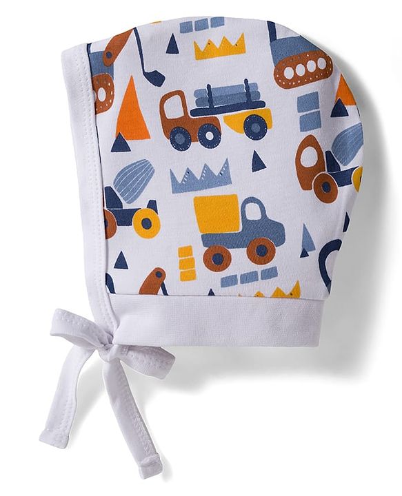 Babyhug 100% Cotton Interlock Knit Caps with Knot with Stripes & Truck Print White Pack of 2 - Diameter 11 cm
