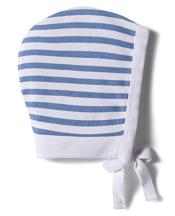 Babyhug 100% Cotton Interlock Knit Caps with Knot with Stripes & Truck Print White Pack of 2 - Diameter 11 cm