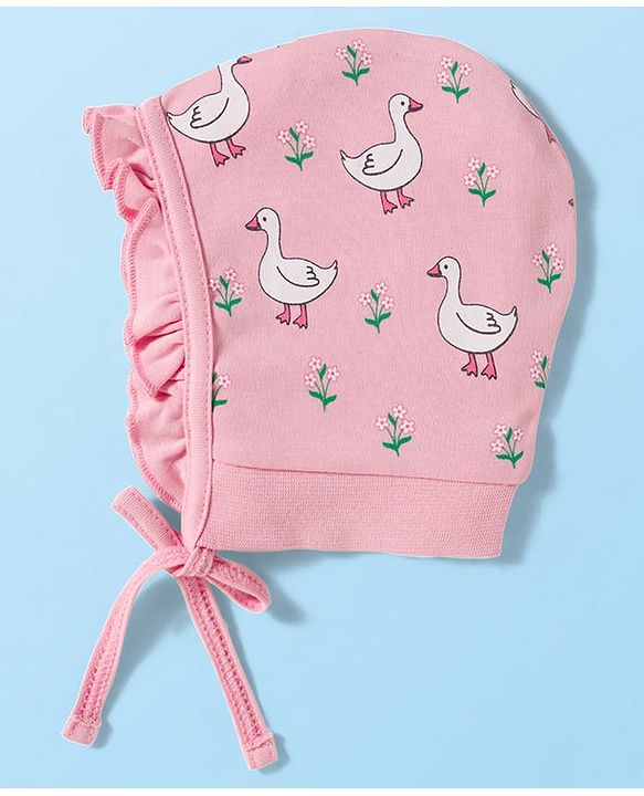 Babyhug 100% Cotton Knit Bonnet Cap with Duck & Floral Print Pack of 2  Pink & White - 9.5 cm Diameter