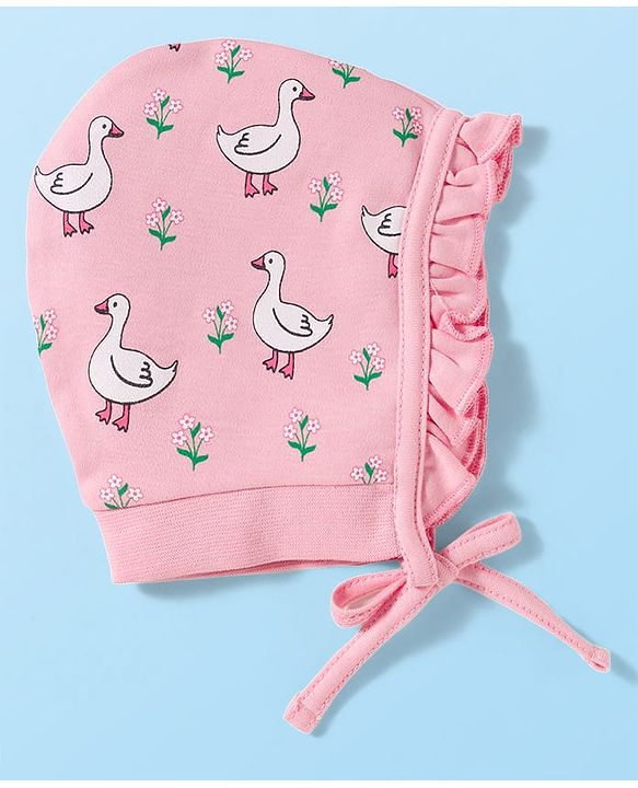 Babyhug 100% Cotton Knit Bonnet Cap with Duck & Floral Print Pack of 2  Pink & White - 9.5 cm Diameter
