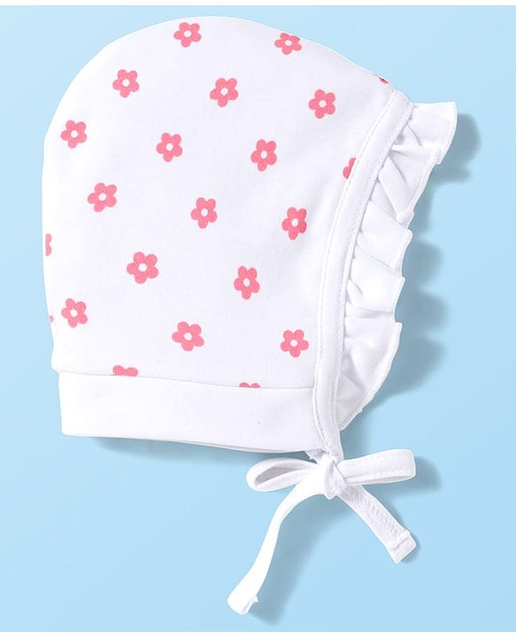 Babyhug 100% Cotton Knit Bonnet Cap with Duck & Floral Print Pack of 2  Pink & White - 9.5 cm Diameter