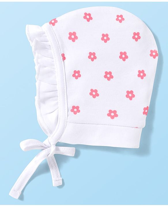 Babyhug 100% Cotton Knit Bonnet Cap with Duck & Floral Print Pack of 2  Pink & White - 10 cm Diameter