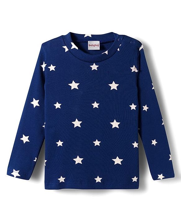 Babyhug Cotton Knit Full Sleeves Co-ords Night Suit With Star Print - Navy Blue