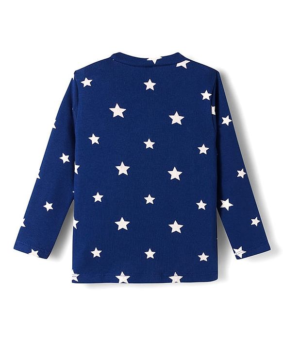 Babyhug Cotton Knit Full Sleeves Co-ords Night Suit With Star Print - Navy Blue