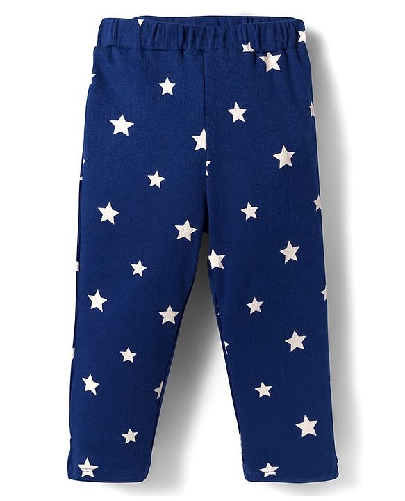 Babyhug Cotton Knit Full Sleeves Co-ords Night Suit With Star Print - Navy Blue