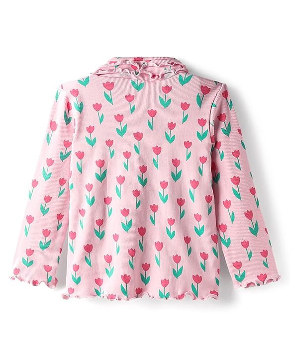 Babyhug Cotton Elastane Knit Full Sleeves Turtle Neck Winter T-Shirt with Floral Print - Pink