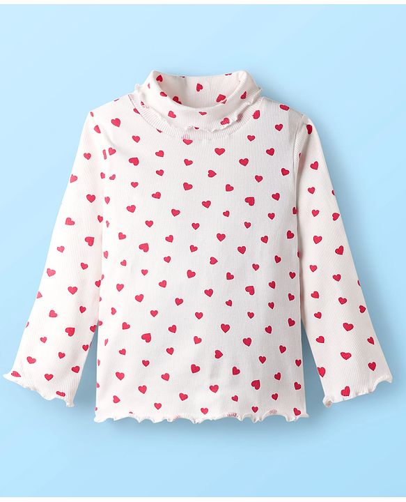 Babyhug Cotton Knit Full Sleeves Turtle Neck Winter T-Shirt with Heart Print - White