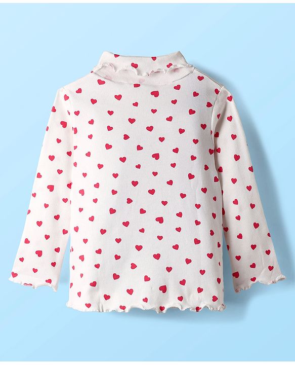 Babyhug Cotton Knit Full Sleeves Turtle Neck Winter T-Shirt with Heart Print - White