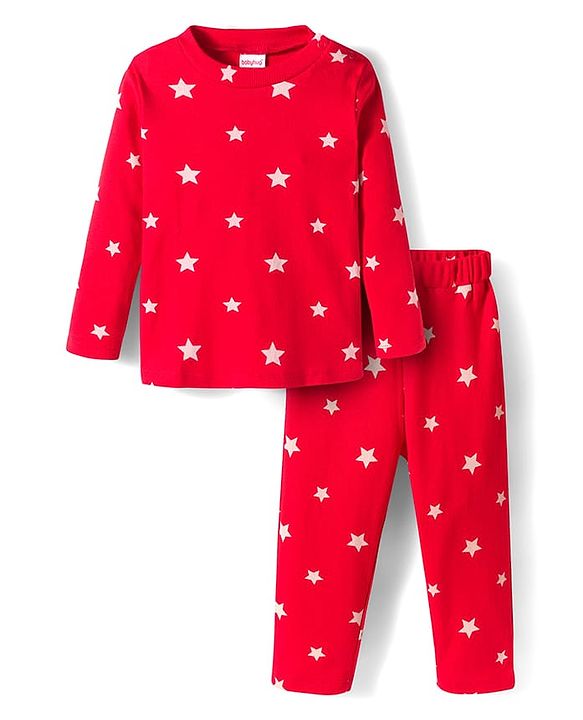 Babyhug Cotton Knit Full Sleeves Co-ords Night Suit With Star Print - Red